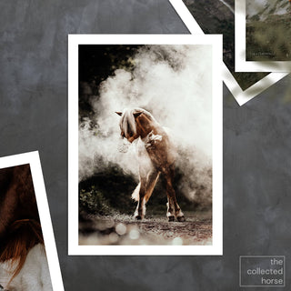 Fine art photography print of a Haflinger horse in a cloud of dust by Lara Baeriswyl - paper art print mockup