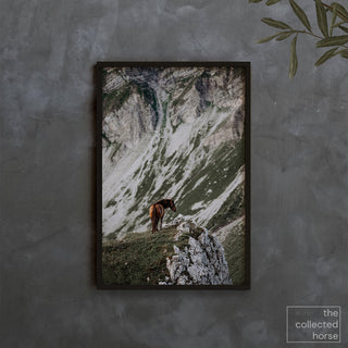 Fine art print of a horse standing on a Swiss mountain by Lara Baeriswyl - wall art print mockup dark
