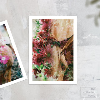 Multiple exposure film photography of a horse and pink flowers by Sara Ceraldi - paper print mockup