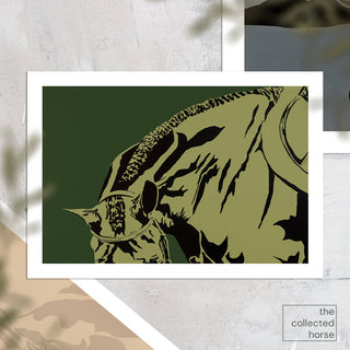 Green equestrian painting of a hunter with braids by Sara Ceraldi - paper print mockup