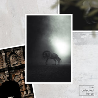 Dramatic fine art photography print of a horse galloping through darkness by Anna Archinger - paper print mockup