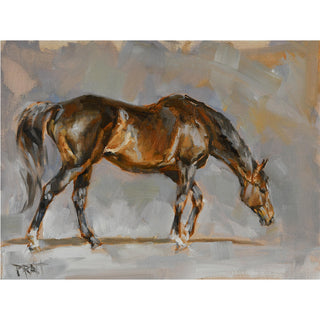 Equine oil painting by equestrian artist Jennifer Pratt featuring a dark bay mare walking against an abstract background - full