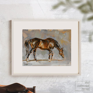 Equine oil painting by equestrian artist Jennifer Pratt featuring a dark bay mare walking against an abstract background - full - matted art print mockup