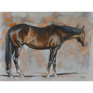Portrait of a dark bay thoroughbred mare against an abstract background, by equestrian artist Jennifer Pratt