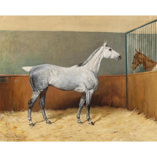 Vintage equestrian art print of a dappled gray horse by Julius von Blaas.