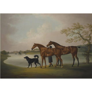 Vintage equestrian painting of two hunter horses and a dog walking along a lake
