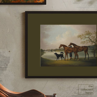 Vintage equestrian painting of two hunter horses and a dog walking along a lake - matted print mockup
