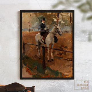 Expressive vintage equine art painting of a woman astride a white horse in London's Hyde Park - framed print mockup