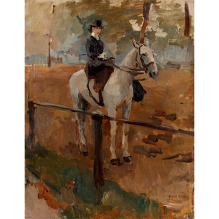 Expressive vintage equine art painting of a woman astride a white horse in London's Hyde Park