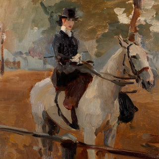 Expressive vintage equine art painting of a woman astride a white horse in London's Hyde Park - horse and rider detail