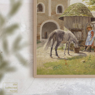 Vintage equestrian painting of a young girl standing near a well with her pony and dog - framed wall art mockup