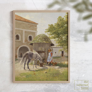 Vintage equestrian painting of a young girl standing near a well with her pony and dog - framed art print mockup