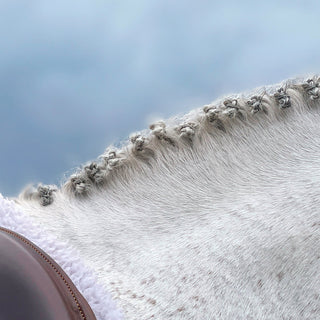 A grey hunter horse with a braided mane against a blue sky by Morgan German - hunter braids detail