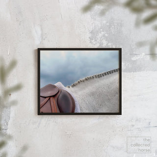 A grey hunter horse with a braided mane against a blue sky by Morgan German - framed wall art print mockup