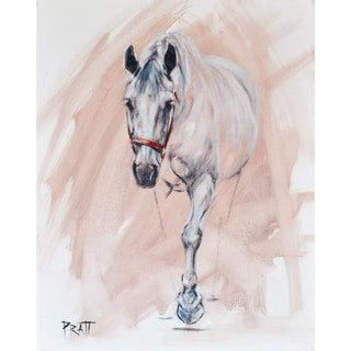 Minimalist equine art print of a gray horse against a painterly pink background by Jennifer Pratt
