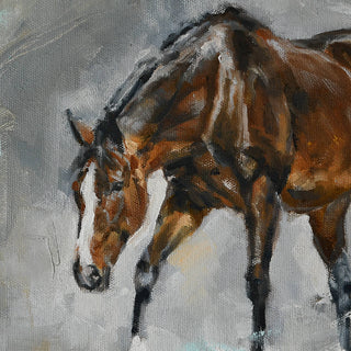 Painterly equine art print of a dark bay horse in motion by Jennifer Pratt - horse head detail