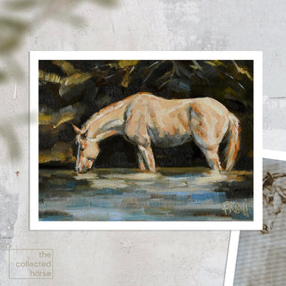 Gestural painting of a roan horse drinking from a river by equine artist Jennifer Pratt - paper mockup