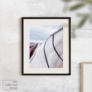 Equestrian photography art print of a grey horse with hunter braids and tack by equine photographer Morgan German - wall mockup