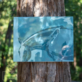 Original acrylic and resin painting of a an abtract blue horse, photographed in shade - front view