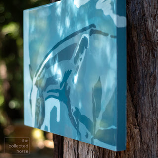 Original acrylic and resin painting of a an abtract blue horse, photographed in shade - side view