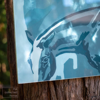 Original acrylic and resin painting of a an abtract blue horse, photographed in shade - detail view