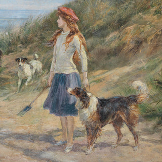 Vintage equestrian scene of two girls and a white horse on a beach by Heywood Hardy - girl and dog detail
