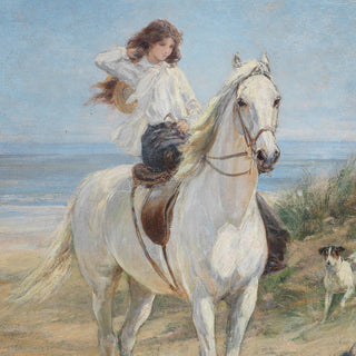 Vintage equestrian scene of two girls and a white horse on a beach by Heywood Hardy - rider detail