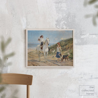 Vintage equestrian scene of two girls and a white horse on a beach by Heywood Hardy - framed wall art mockup