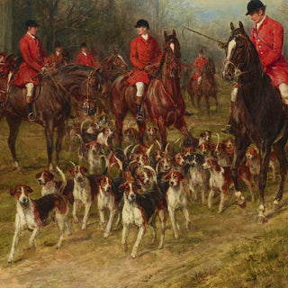 Vintage equestrian art print of a foxhunting scene with a castle in the background by Heywood Hardy - foxhound detail
