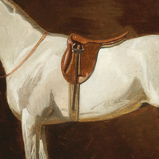 Vintage equestrian portrait of a gray mare in English tack by Emil Volkers - saddle detail