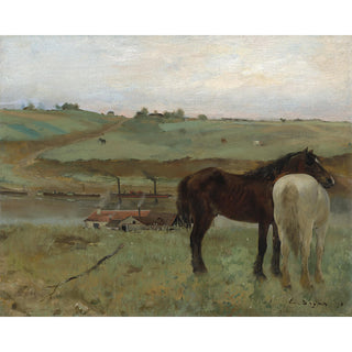 Vintage horse wall art painting of two horses standing in a field by Edgar Degas