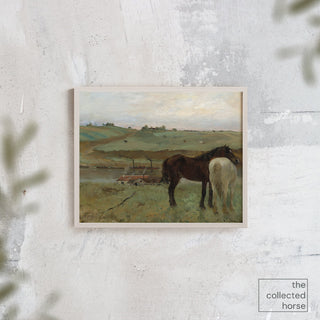 Vintage horse wall art painting of two horses standing in a field by Edgar Degas - framed mockup