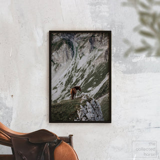 Fine art print of a horse standing on a Swiss mountain by Lara Baeriswyl - wall art print mockup