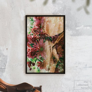 Multiple exposure film photography of a horse and pink flowers by Sara Ceraldi - wall art mockup