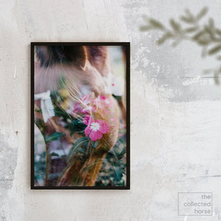 Multiple exposure film photography art print of a chestnut pony and pink flowers by Sara Ceraldi - wall art print mockup