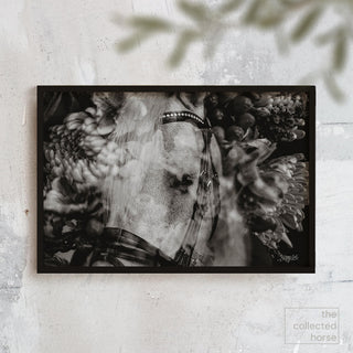 Black and white film photo of a horse overlaid with flowers by Sara Ceraldi - wall art mockup