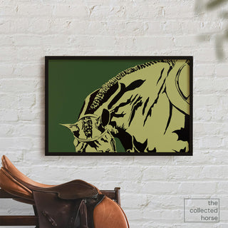 Green equestrian painting of a hunter with braids by Sara Ceraldi - wall art print mockup with saddle