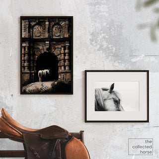 Fine art photography print of a grey horse in front of a medieval castle by Anna Archinger - wall print mockup