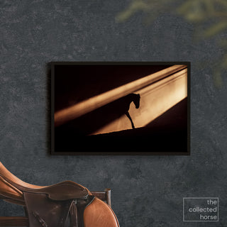Dramatic silhouette of a horse in a beam of light by Anna Archinger - wall art print mockup with saddle