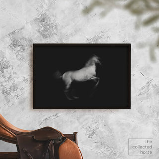 Artistic photo of a white horse in motion against a black background by Anna Archinger - wall art print mockup with saddle