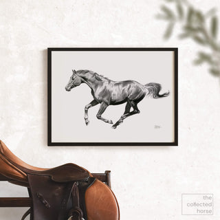Original charcoal drawing of a galloping horse by equine artist Hailey Sullivan - print mockup