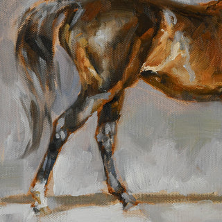 Equine oil painting by equestrian artist Jennifer Pratt featuring a dark bay mare walking against an abstract background - full - hindquarter detail