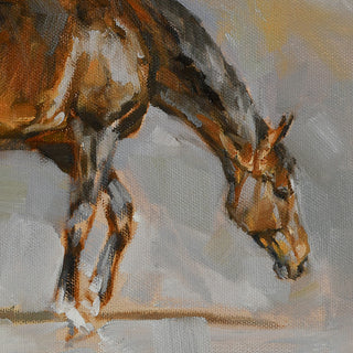 Equine oil painting by equestrian artist Jennifer Pratt featuring a dark bay mare walking against an abstract background - full - horse head detail