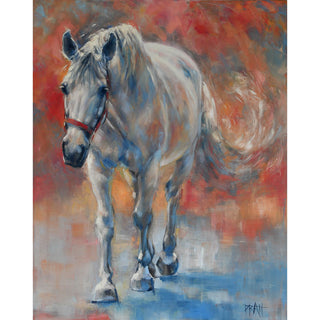 Abstract portrait of a gray horse walking forward against a red and blue painterly background, by equestrian artist Jennifer Pratt