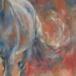 Abstract portrait of a gray horse walking forward against a red and blue painterly background, by equestrian artist Jennifer Pratt - tail swish detail