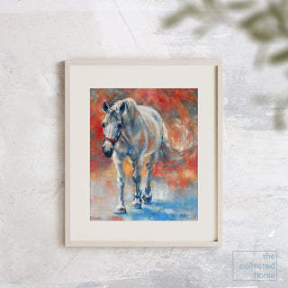 Abstract portrait of a gray horse walking forward against a red and blue painterly background, by equestrian artist Jennifer Pratt - matted art print mockup