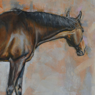 Portrait of a dark bay thoroughbred mare against an abstract background, by equestrian artist Jennifer Pratt - horse head detail