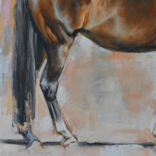 Portrait of a dark bay thoroughbred mare against an abstract background, by equestrian artist Jennifer Pratt - horse hock detail