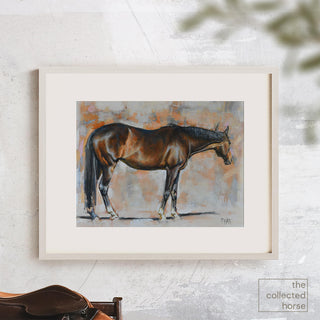 Portrait of a dark bay thoroughbred mare against an abstract background, by equestrian artist Jennifer Pratt - matted art print mockup