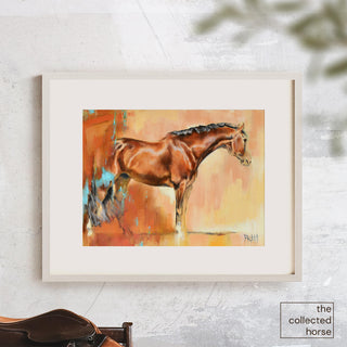 Abstract oil painting of a handome bay horse by equine artist Jennifer Pratt - matted print mockup